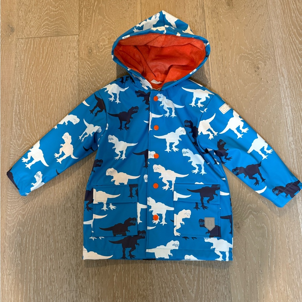 NWOT Hatley Blue Dinosaur Print Hooded Jacket Raincoat 4